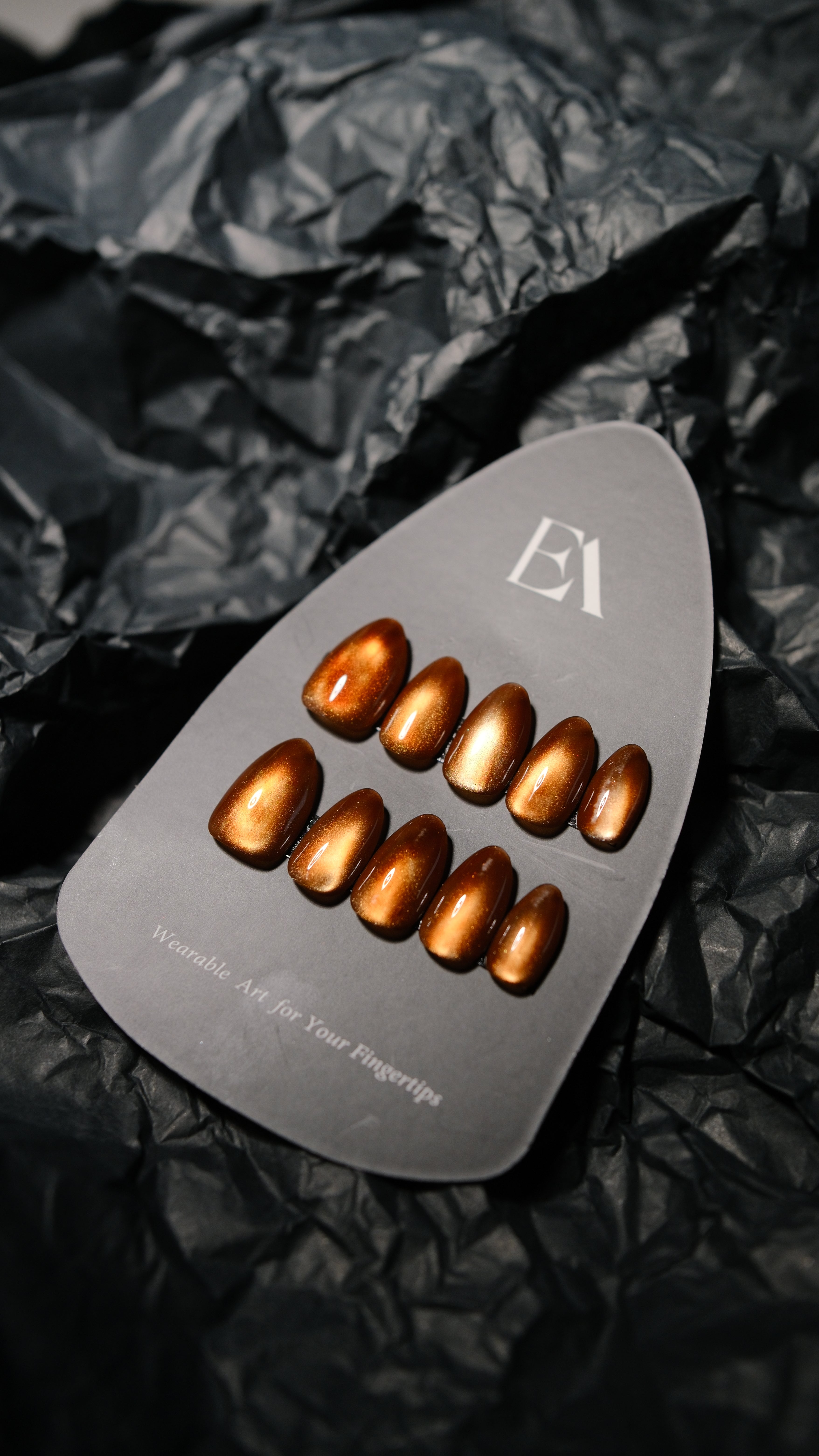 Burnt Amber handcrafted press-on nail set by Editory — warm translucent amber finish