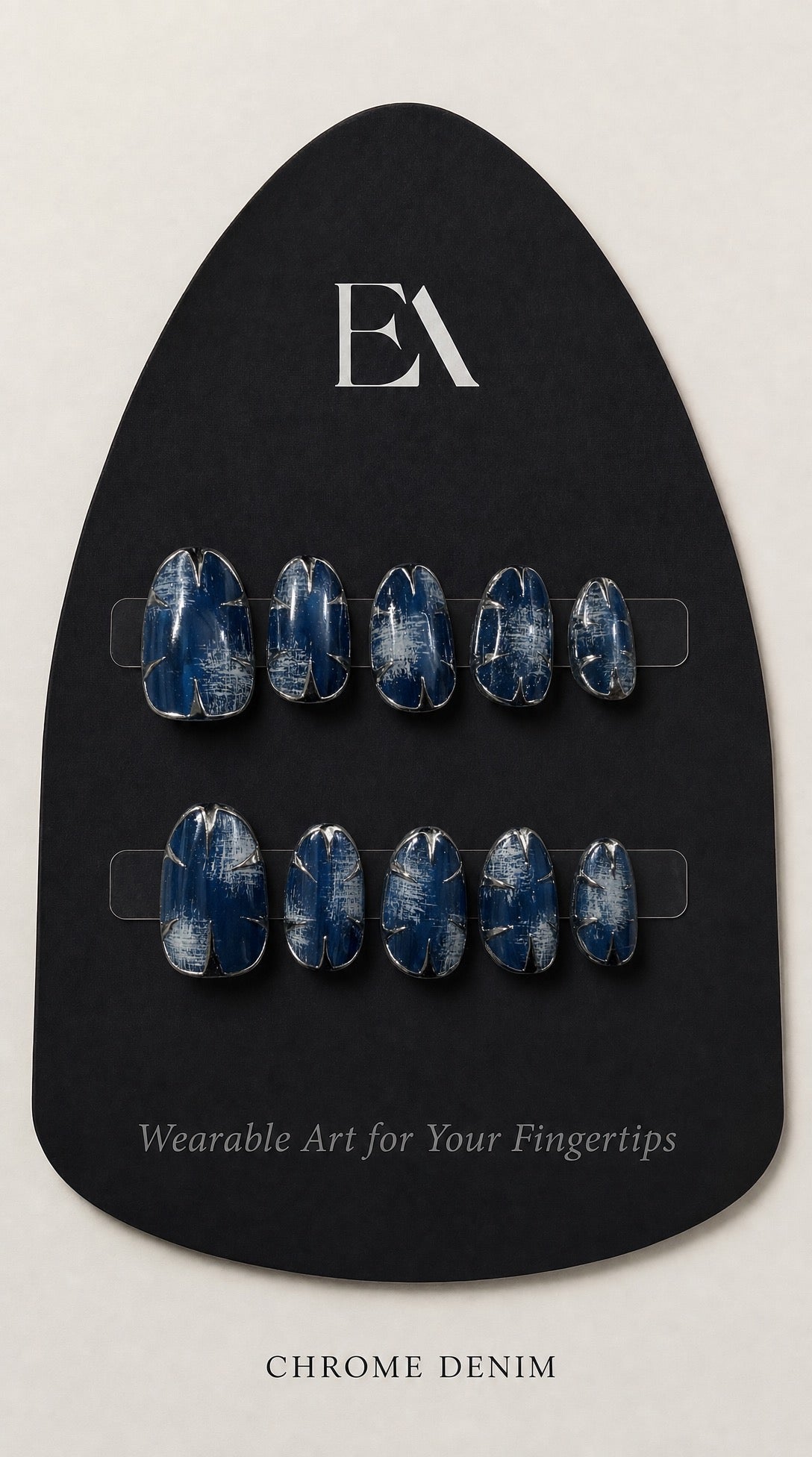 Chrome Denim handcrafted press-on nail set by Editory — indigo denim texture with 3D chrome accents