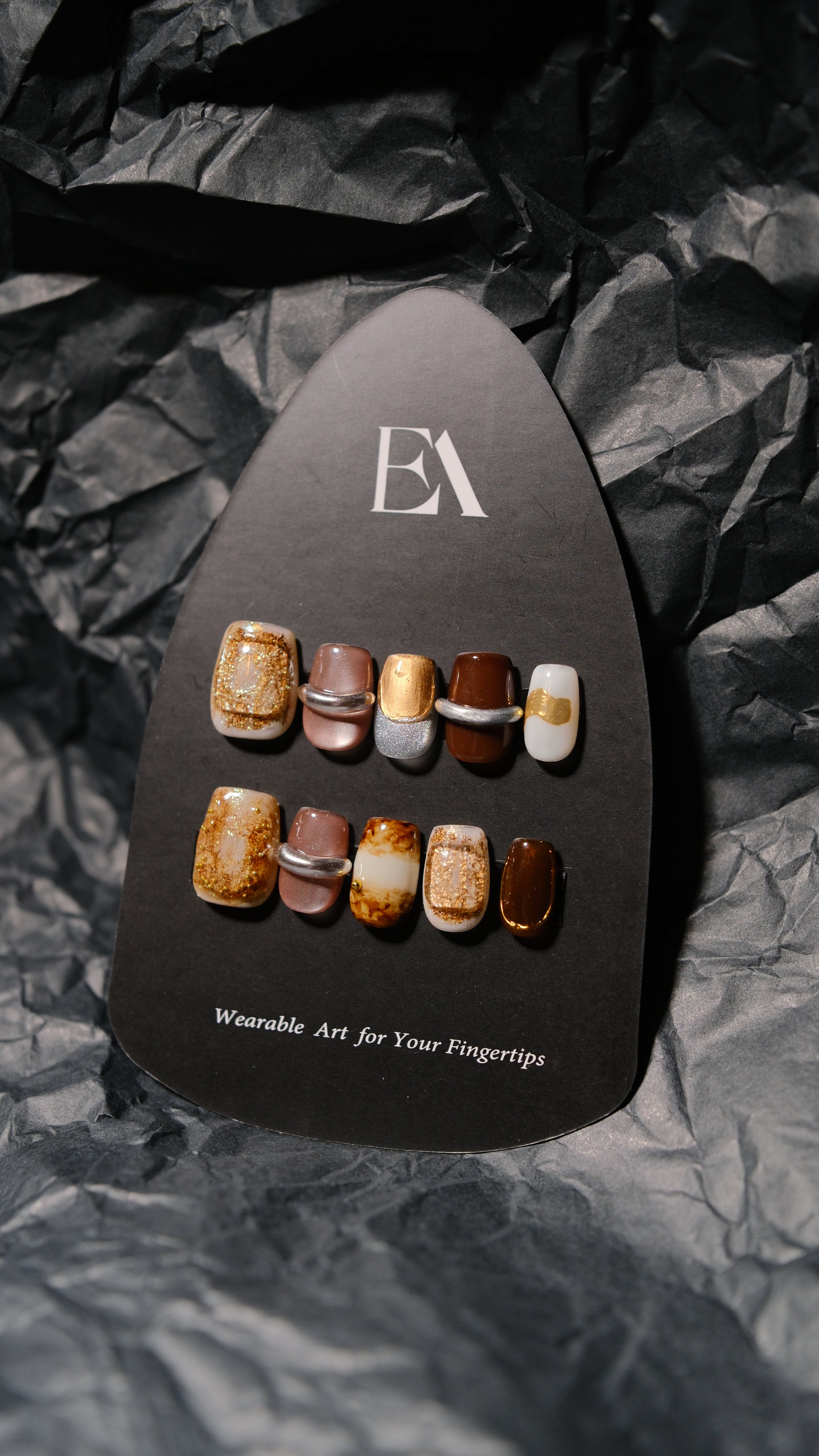 Molten Muse handcrafted press-on nail set by Editory — liquid gold chrome with pearl detailing