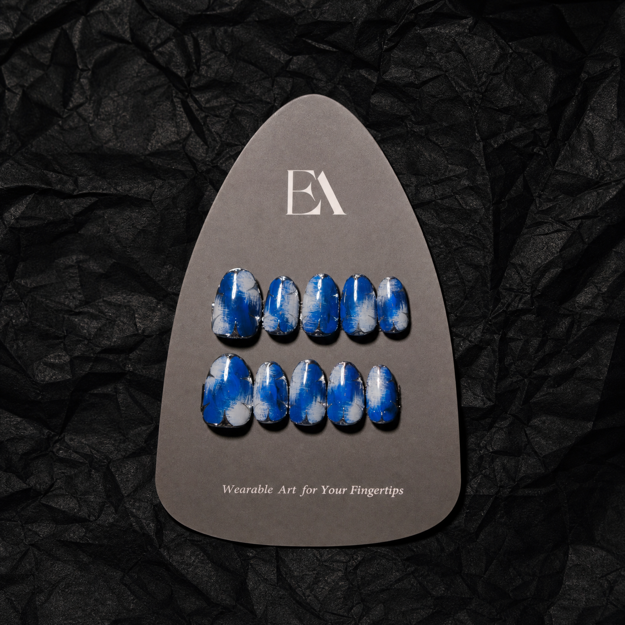 Chrome Denim handcrafted press-on nail set by Editory — indigo denim texture with 3D chrome accents